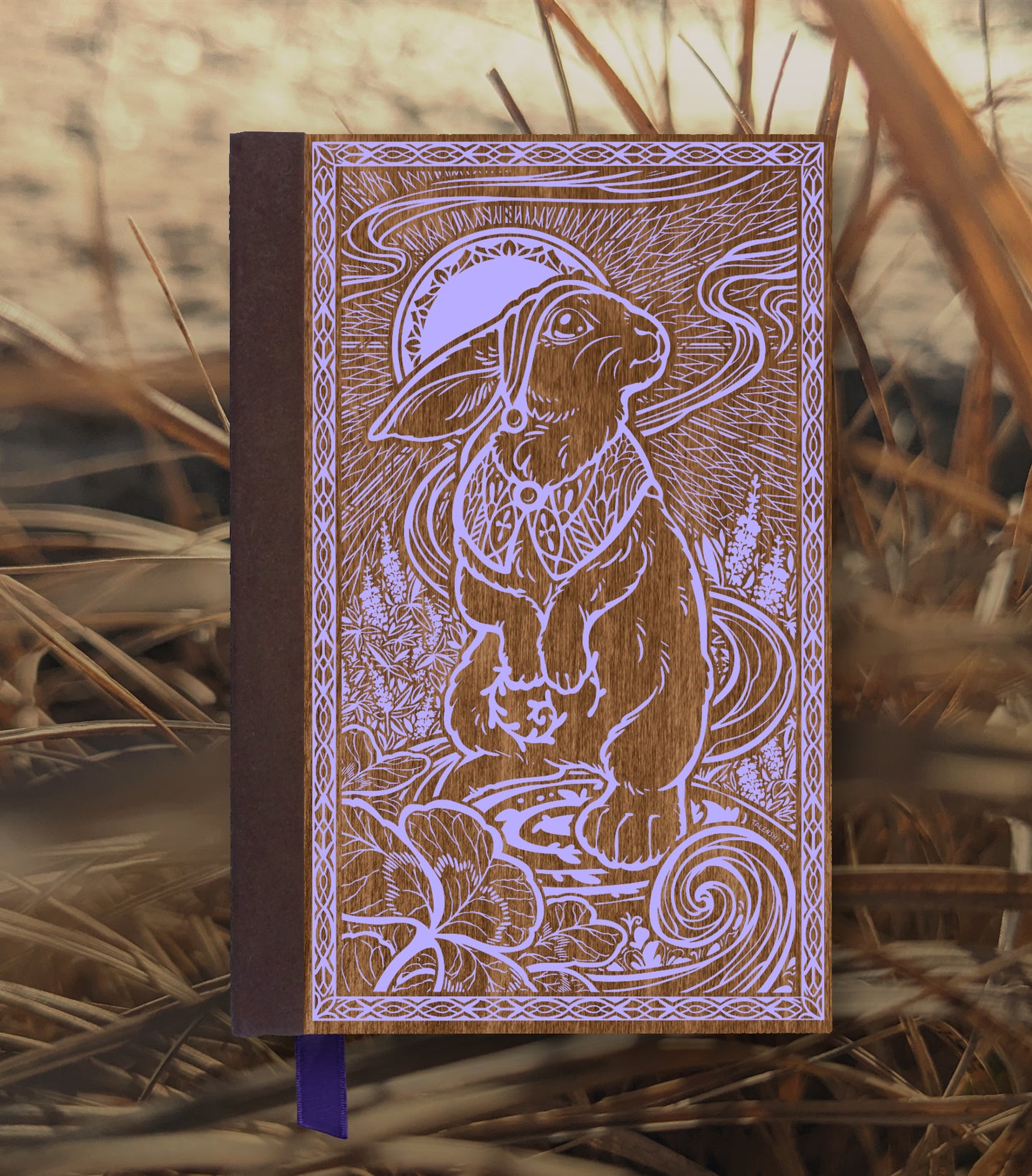 Daydreaming Bunny Magnetic Wooden Journal, Brown & Lavender