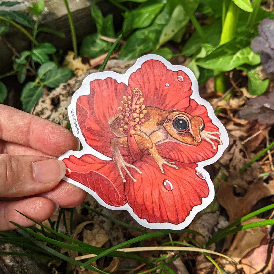 3.25" Waterproof vinyl sticker, Puerto Rican Coqui and Hibiscus Flower, by Talenshi