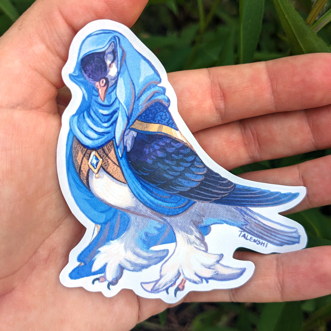 A Lahore pigeon wearing a medieval veil, 3.5" waterproof vinyl sticker by Talenshi