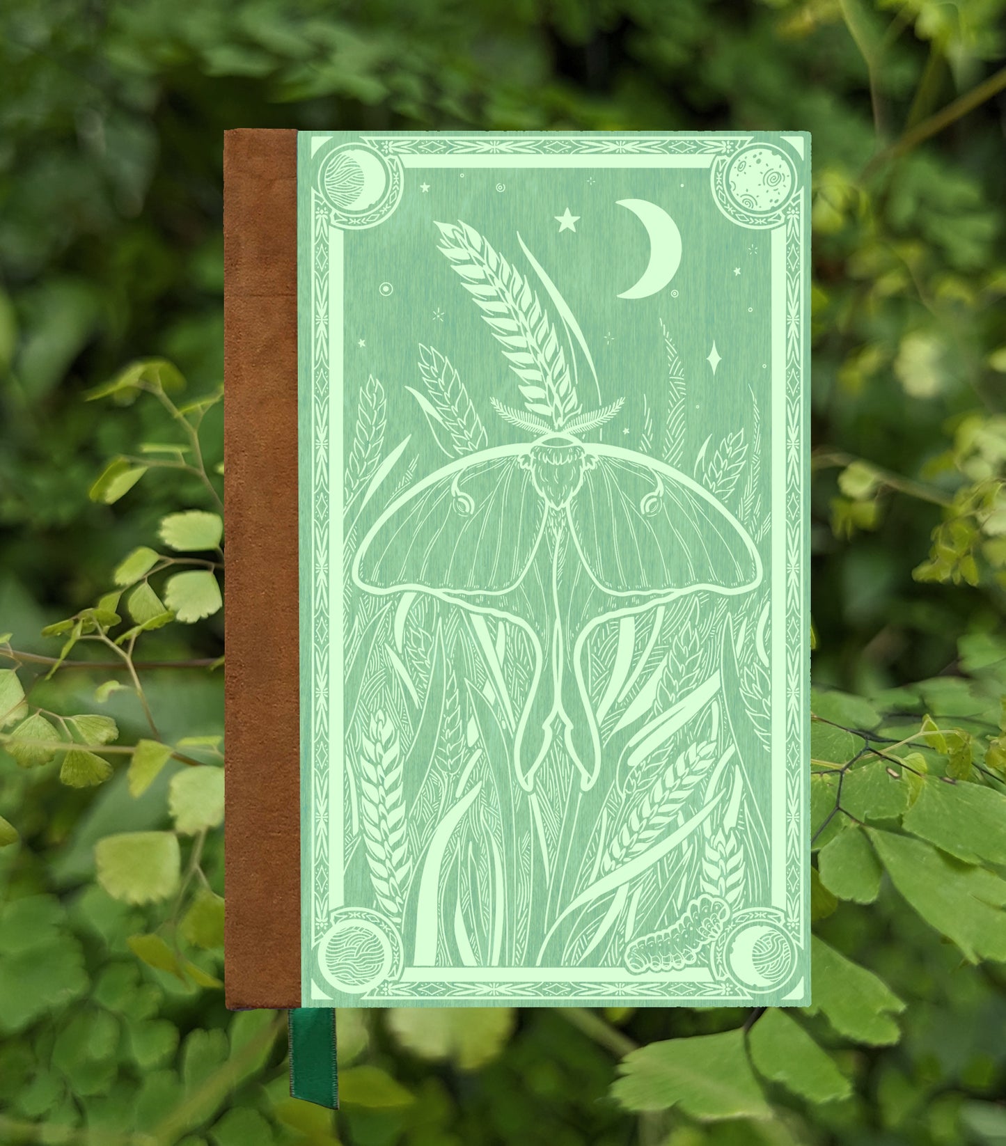 Luna Moth Magnetic Wooden Journal, Jade & Pale Lime