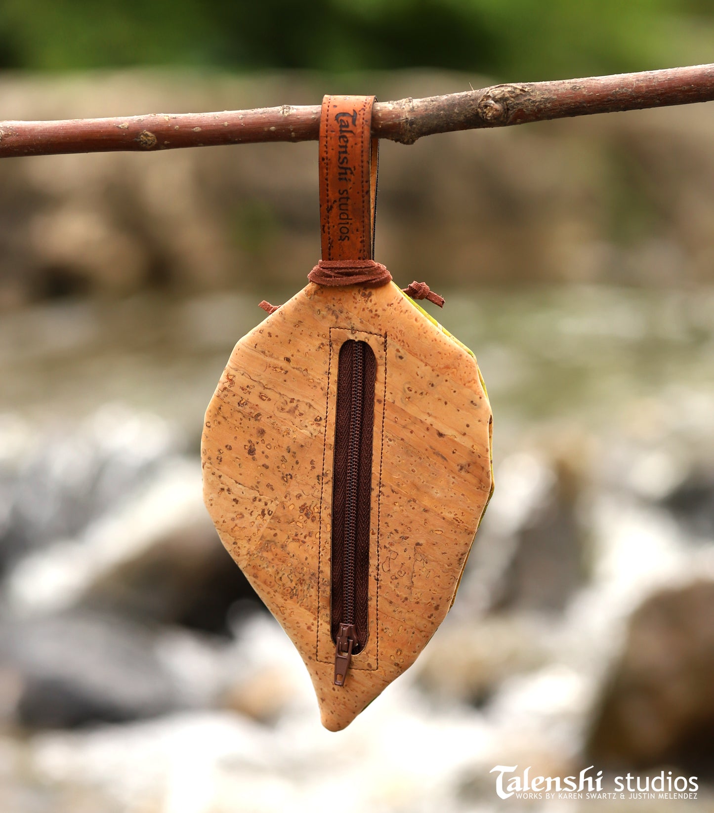 Cork Leather Zipper Pouch - Red Spade Leaf