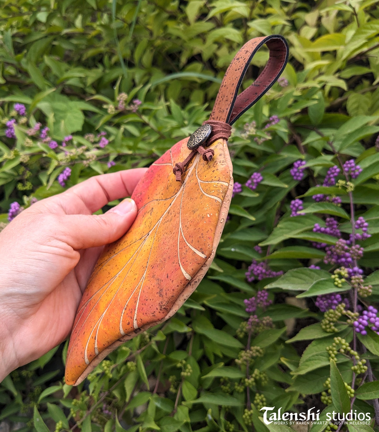 Cork Leather Zipper Pouch - Red Spade Leaf