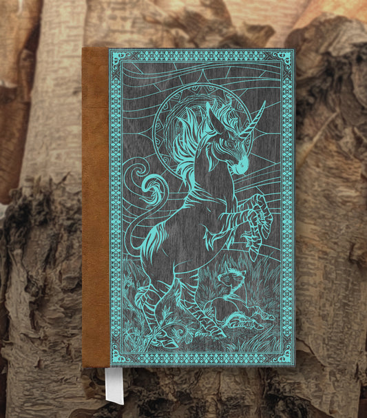 Unicorn & Foal Magnetic Wooden Journal, Black & Teal