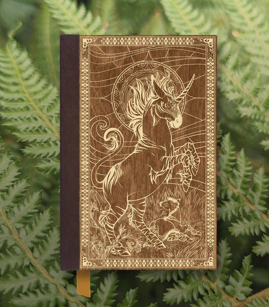 Unicorn & Foal Magnetic Wooden Journal, Brown & Ivory