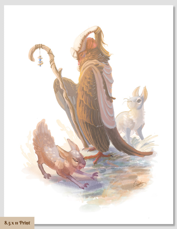 Fine art print, Talenshi's illustration of a Turkey Vulture herder and their Maras