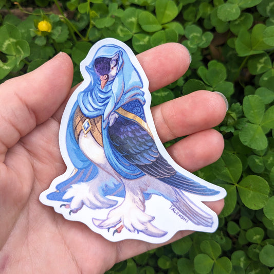 A Lahore pigeon wearing a medieval veil, vinyl sticker by Talenshi 