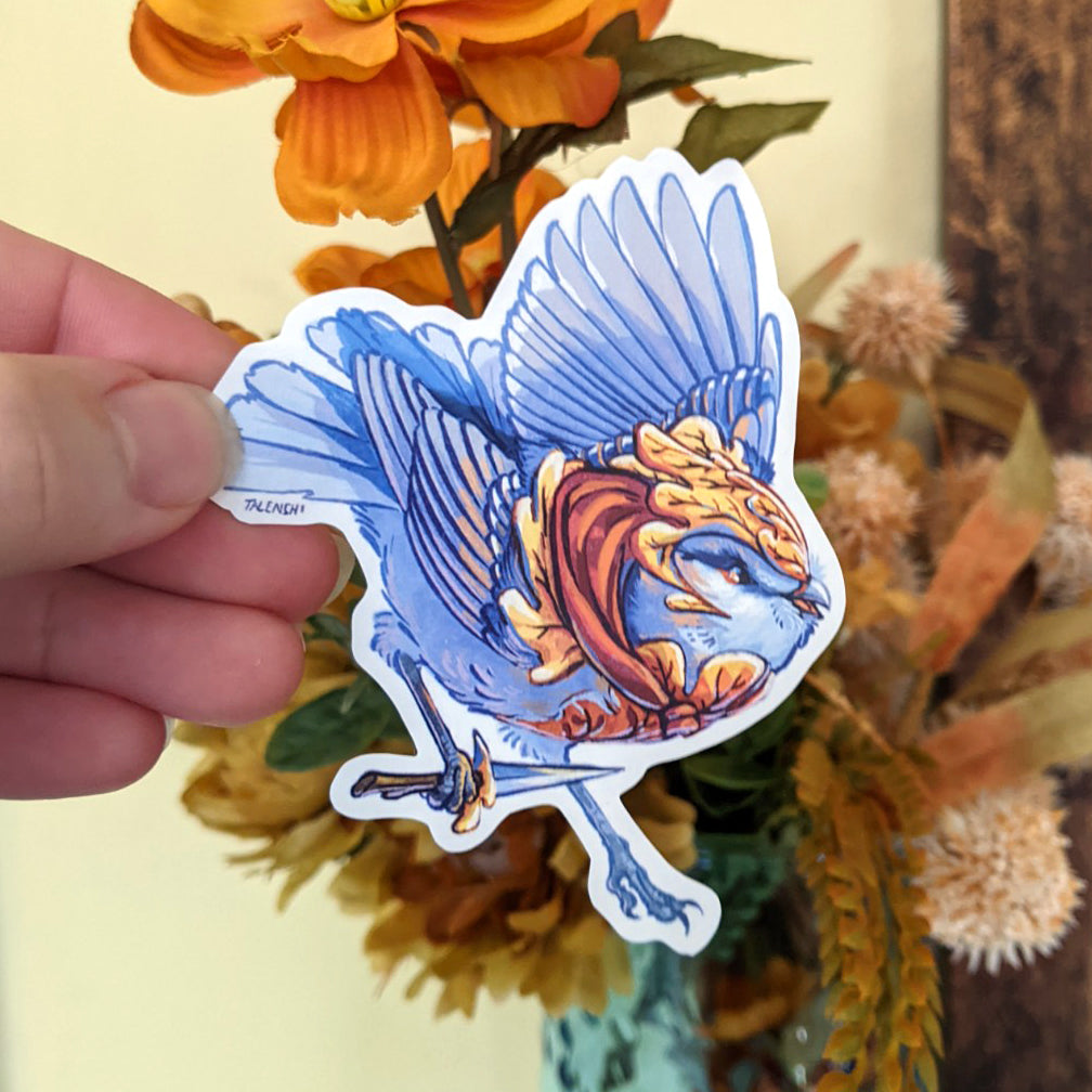 3.5" waterproof vinyl sticker, Azure Tit with a dagger. Tiny Stabby Birb, by Talenshi