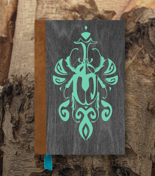 Scarabesque Beetle Magnetic Wooden Journal, Black & Teal