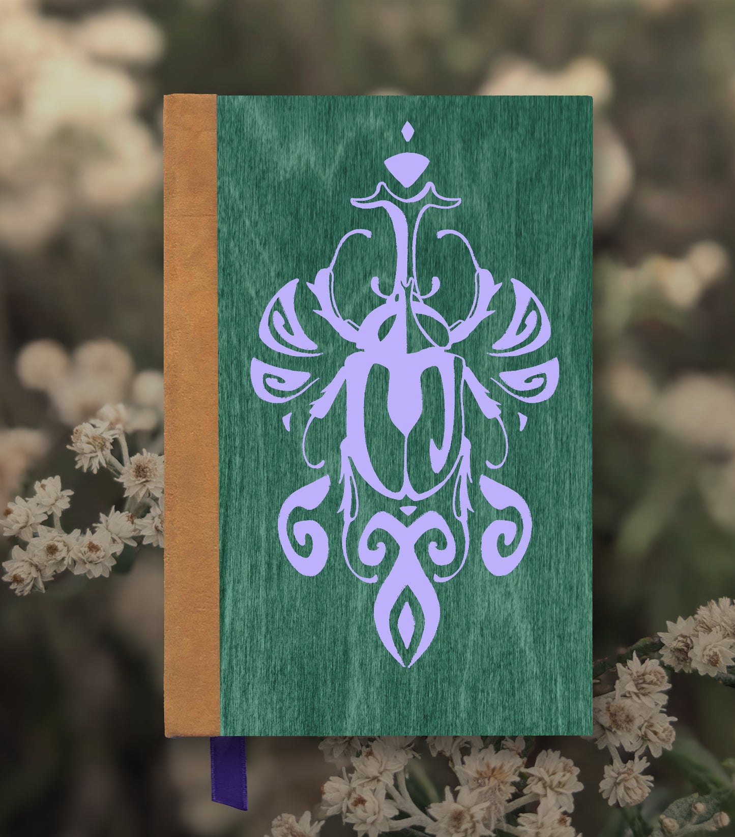 Scarabesque Beetle Magnetic Wooden Journal, Green & Lavender