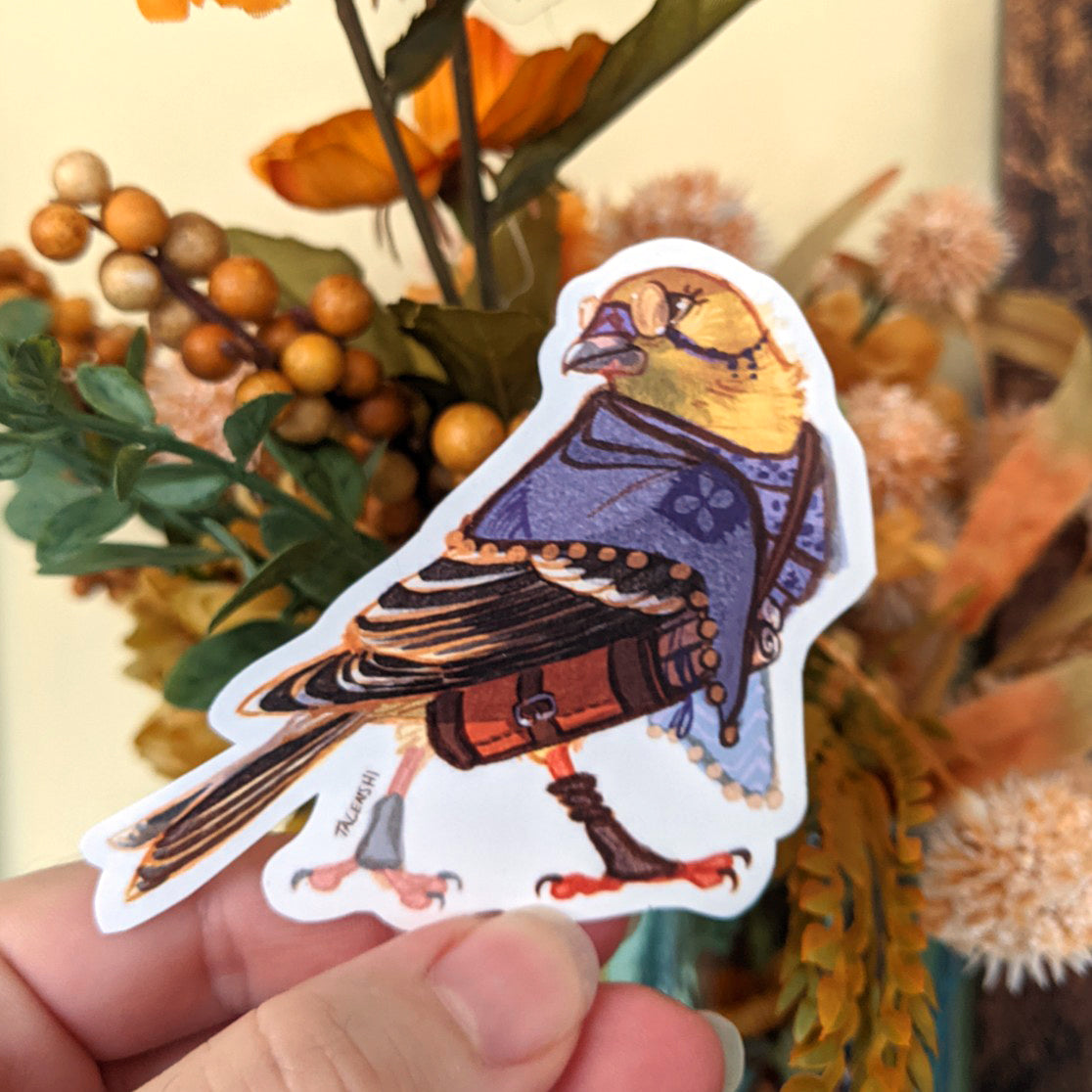 3.25" waterproof vinyl sticker, Female American Goldfinch Librarian, by Talenshi