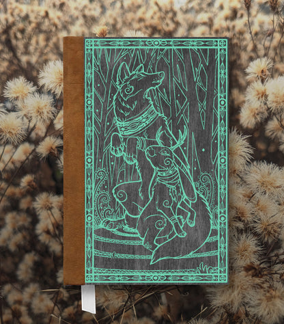 Jackalope & Wolf Magnetic Wooden Journal, Black & Teal