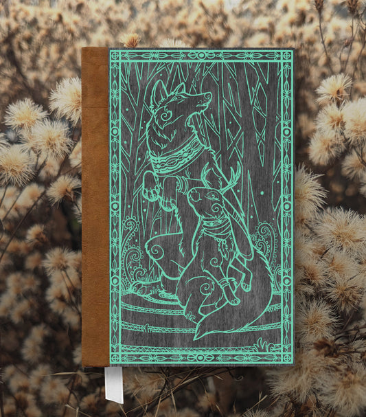 Jackalope & Wolf Magnetic Wooden Journal, Black & Teal