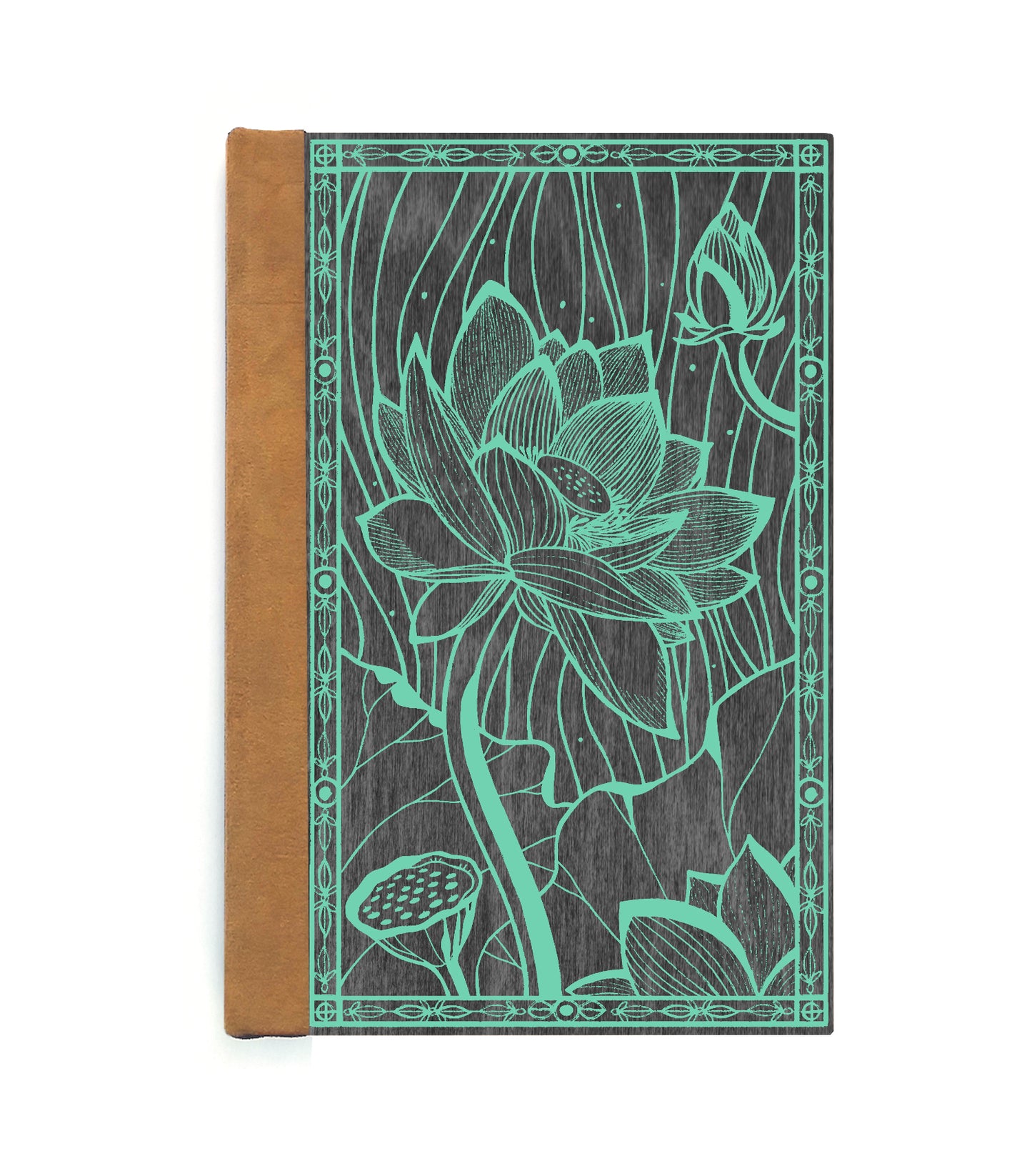 Blooming Lotus Magnetic Wooden Journal, Black & Teal