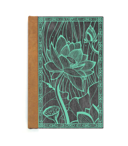 Blooming Lotus Magnetic Wooden Journal, Black & Teal