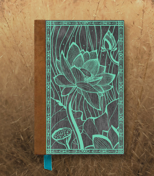 Blooming Lotus Magnetic Wooden Journal, Black & Teal