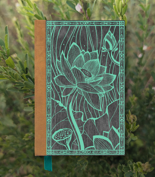 Blooming Lotus Magnetic Wooden Journal, Black & Teal