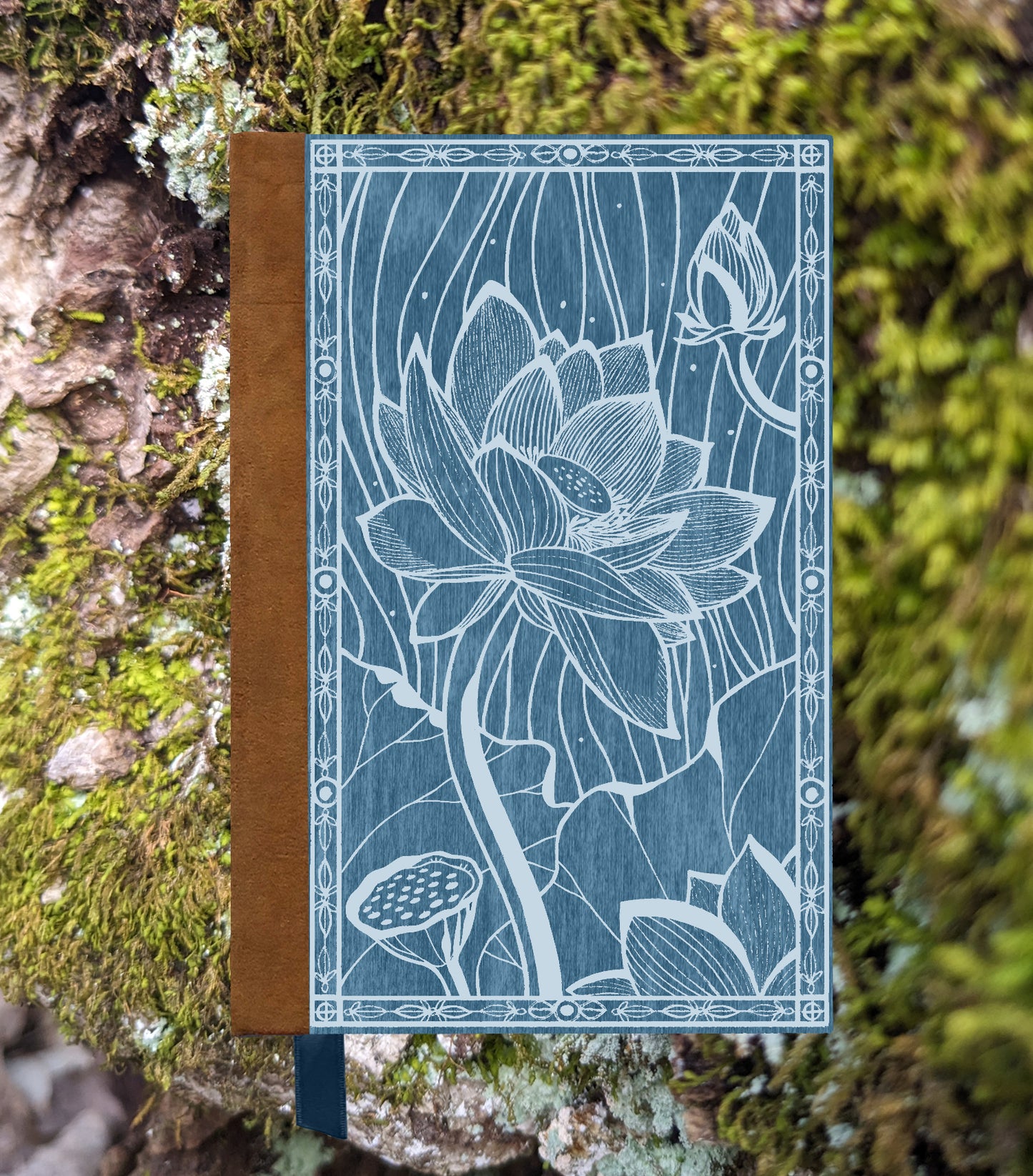 Blooming Lotus Magnetic Wooden Journal, Blue & Gray