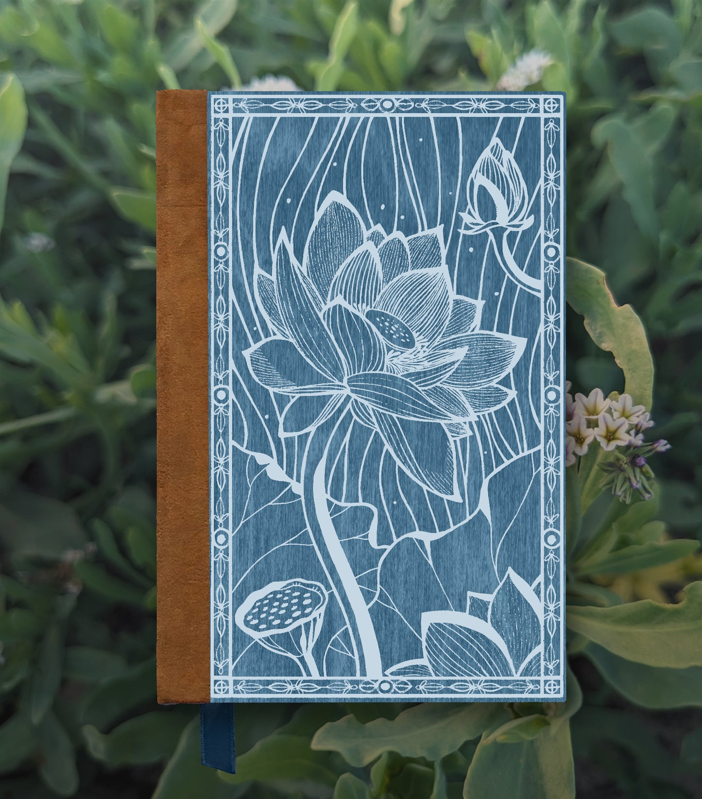 Blooming Lotus Magnetic Wooden Journal, Blue & Gray