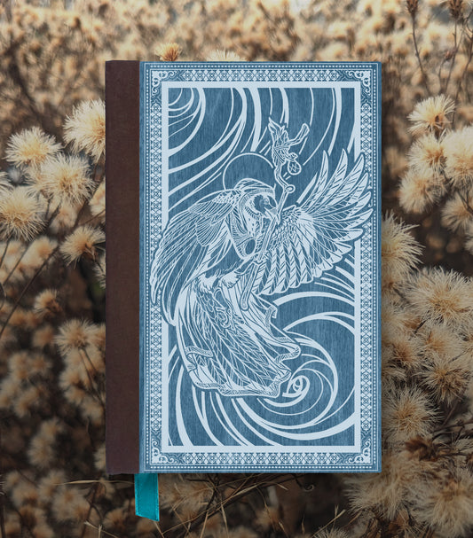 Mage Priest Magpie Magnetic Wooden Journal, Blue & Gray