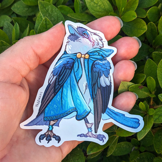 Frilled Monarch bird in a cloak, 3.5" waterproof vinyl sticker by Talenshi 