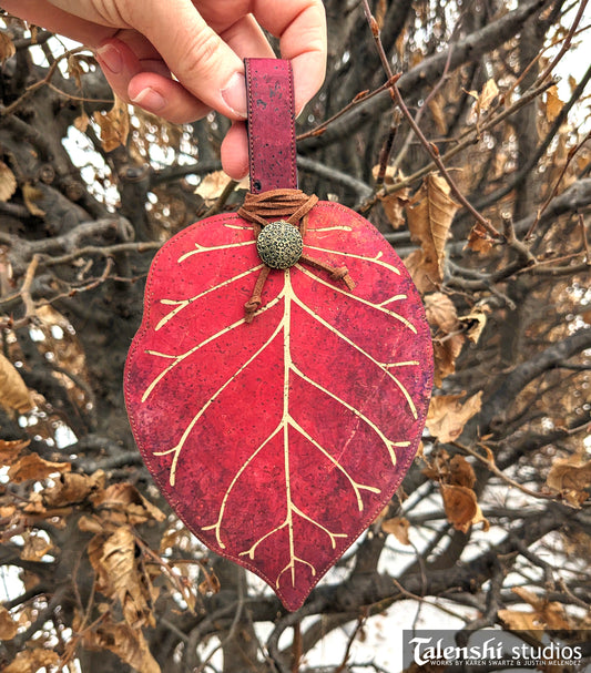 Cork Leather Zipper Pouch - Maroon Osage Leaf (2 sizes)