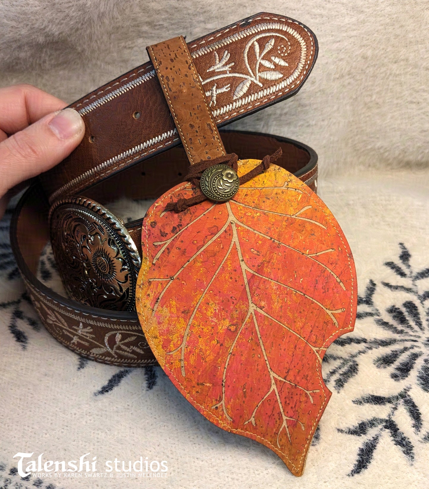 Cork Leather Zipper Pouch - Red Osage Leaf (2 sizes)