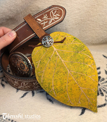 Cork Leather Zipper Pouch - Green Osage Leaf (2 sizes)