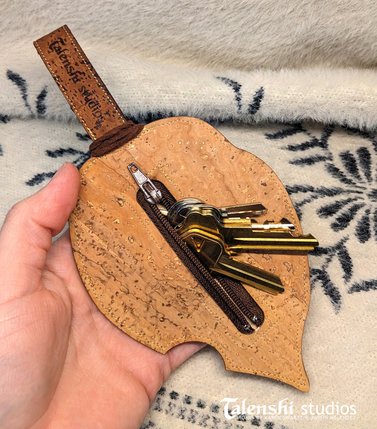Cork Leather Zipper Pouch - Red Osage Leaf (2 sizes)