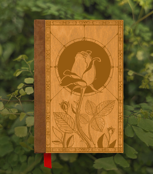 Stained Glass Rose Magnetic Wooden Journal, Honey & Tan