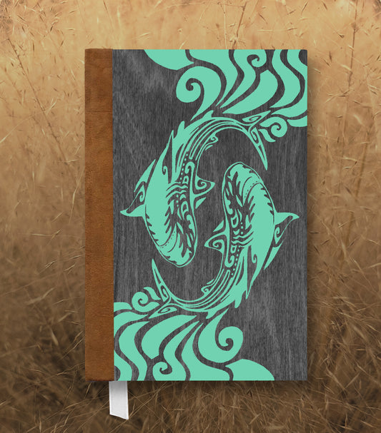 Spiraling Sharks Magnetic Wooden Journal, Black & Teal