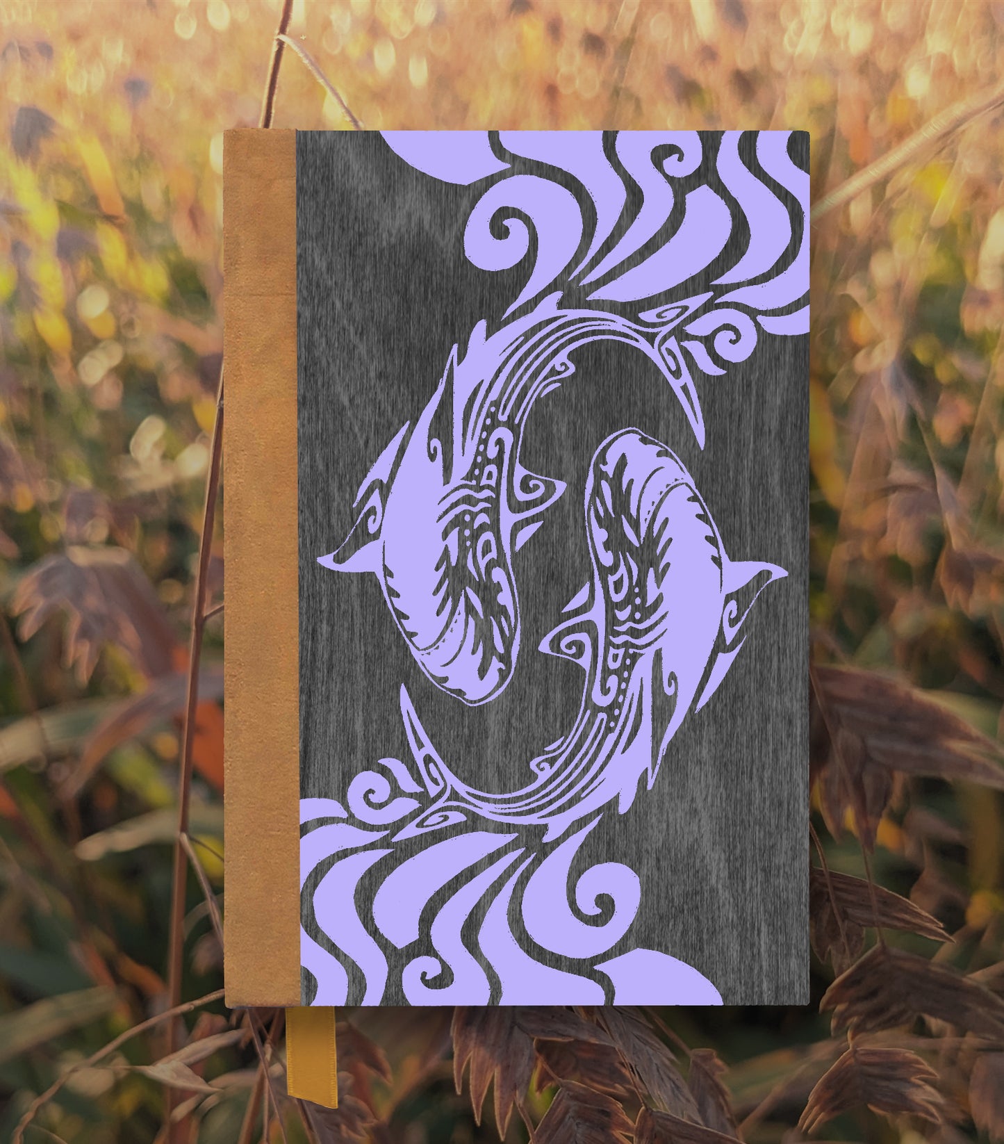Spiraling Sharks Magnetic Wooden Journal, Black & Lavender