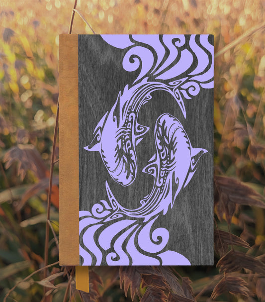 Spiraling Sharks Magnetic Wooden Journal, Black & Lavender