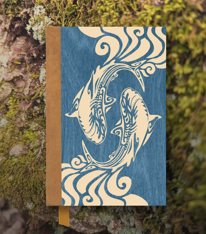 Spiraling Sharks Magnetic Wooden Journal, Blue & Cream