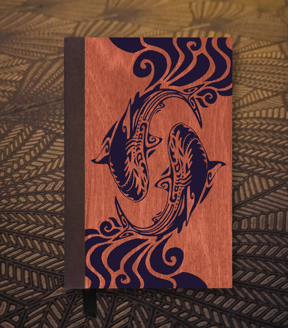 Spiraling Sharks Magnetic Wooden Journal, Red & Dark Purple