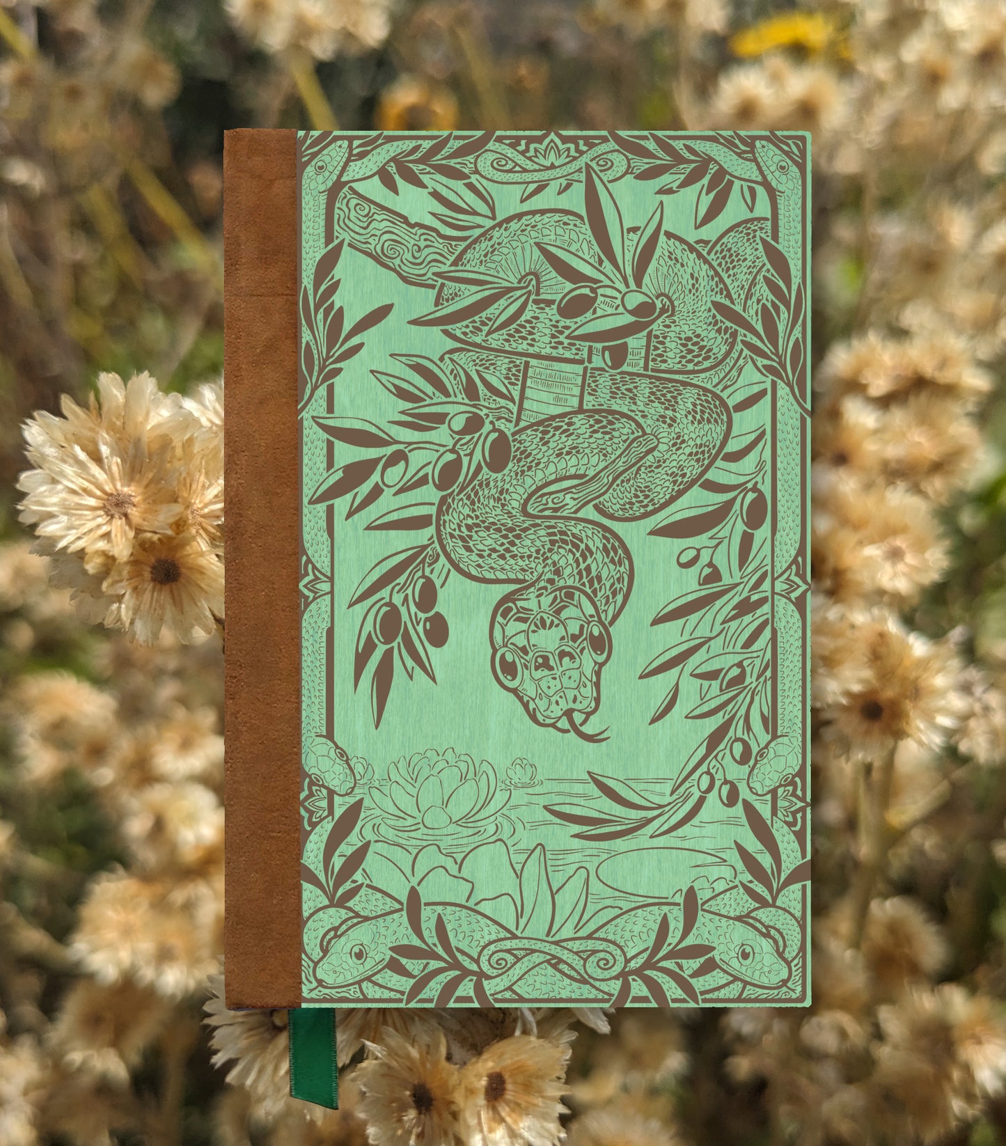Wood Snake Magnetic Wooden Journal, Jade & Lichen