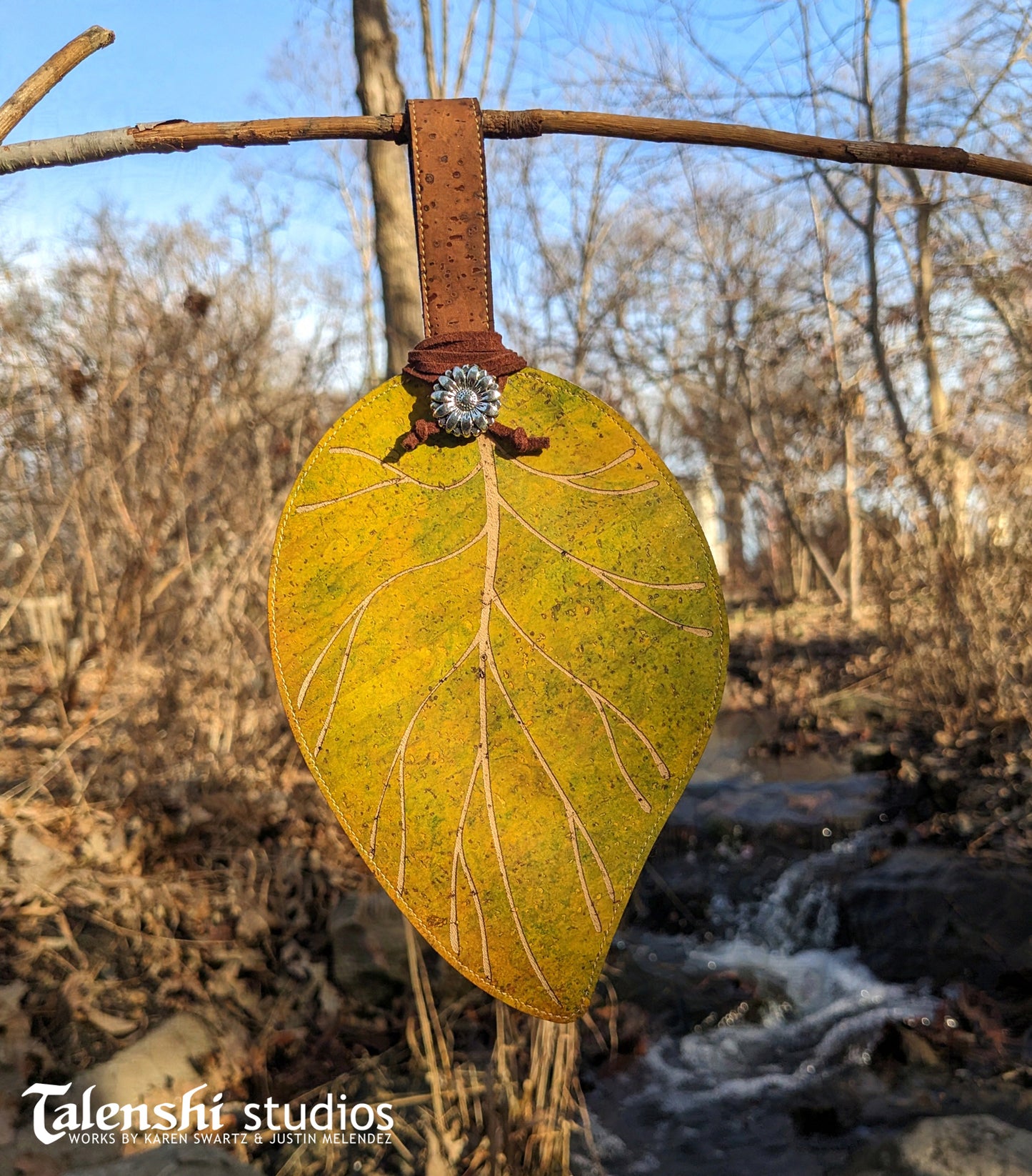 Cork Leather Zipper Pouch - Green Spade Leaf (2 sizes)