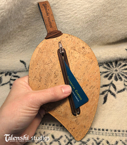 Cork Leather Zipper Pouch - Red Spade Leaf (2 sizes)