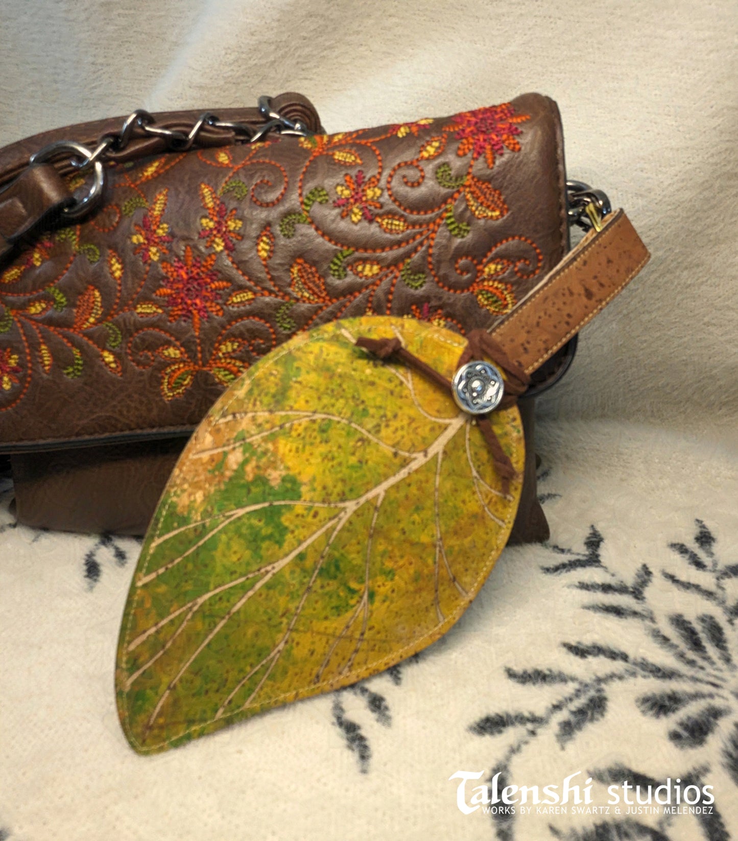 Cork Leather Zipper Pouch - Red Spade Leaf (2 sizes)