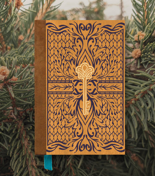 Enchanted Key Magnetic Wooden Journal, Honey & Navy
