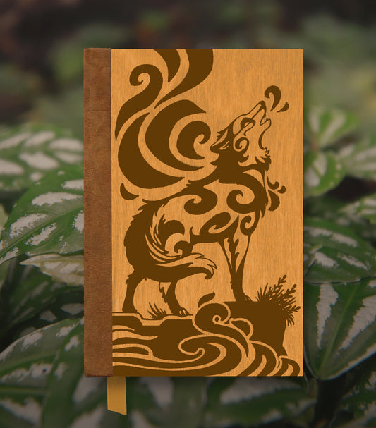 Howling Wolf Magnetic Wooden Journal, Honey & Tan