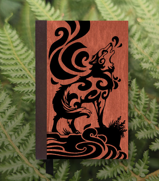 Howling Wolf Magnetic Wooden Journal, Red & Black